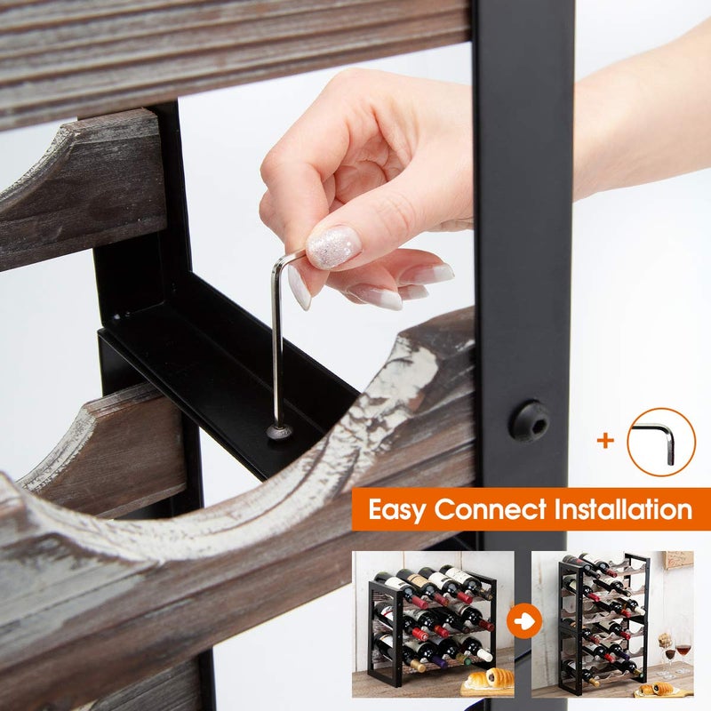 J JACKCUBE DESIGN JACKCUBE Design Wine Rack Freestanding Floor 3 Tier Stackable 12 Wine Bottle Holder Storage Racks Countertop, Liquor Shelf Stand (Rustic Wood and Black Metal Frame)- MK521A - Image 5